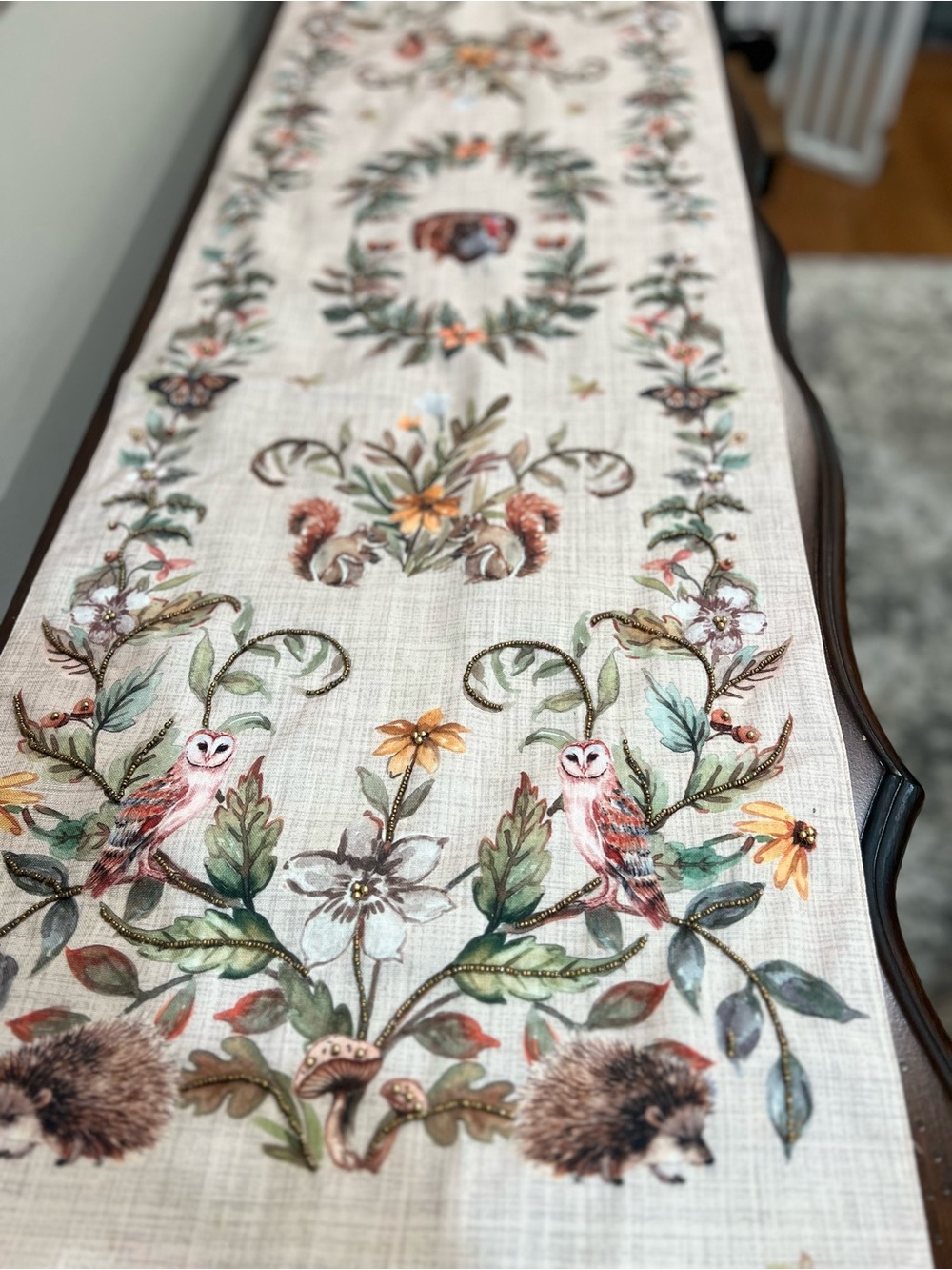 Thanksgiving Fall Beaded Table Runner 73” Woodland Turkey Owl Hedgehog